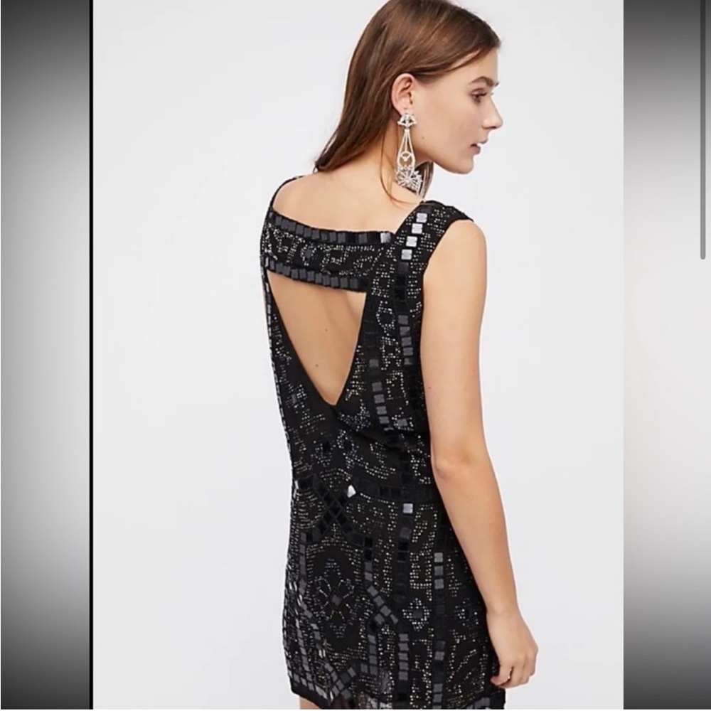 NEW Free People Speak Easy Mini Shift Dress Embellished Beaded Black Size 12.